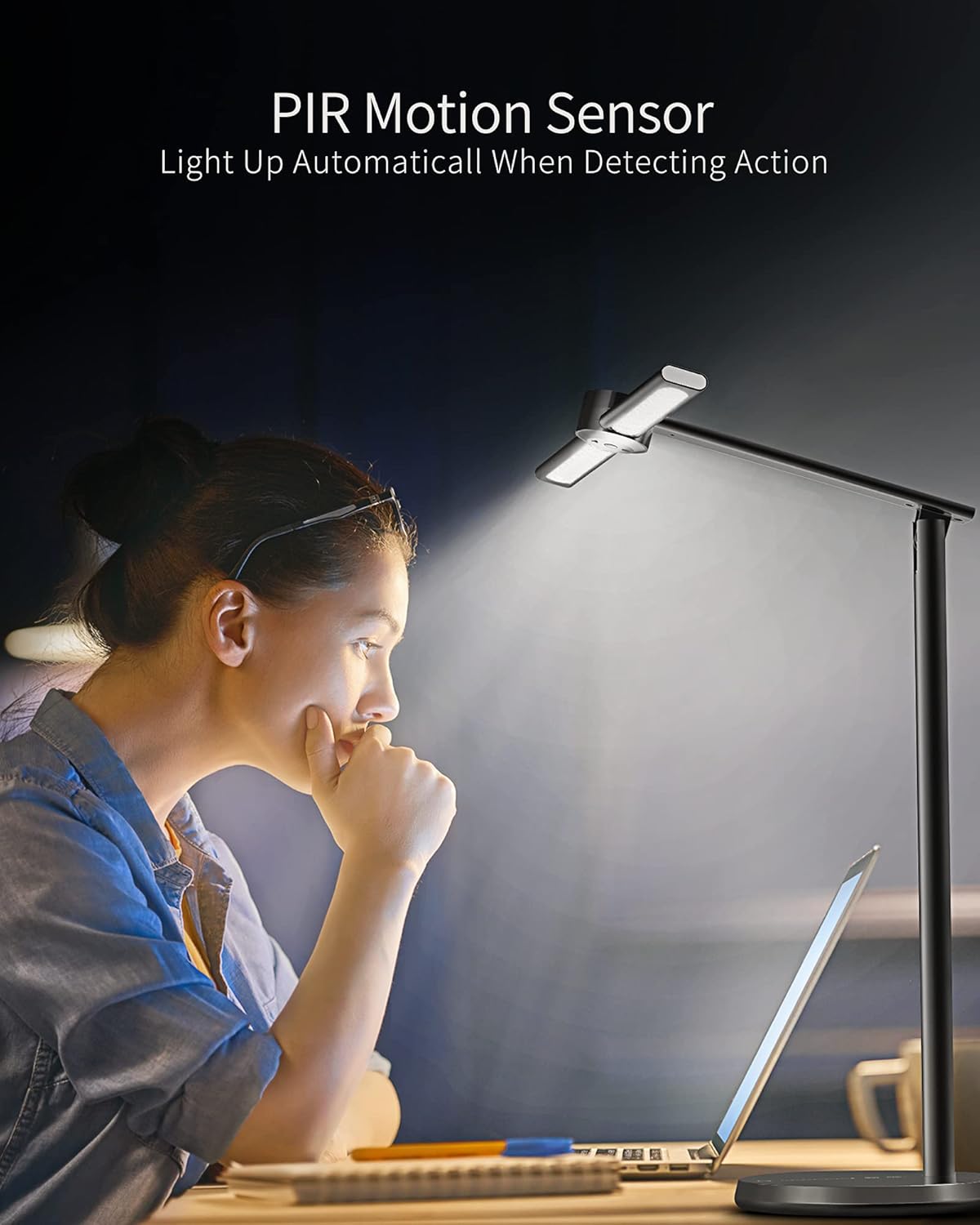 EZVALO Smart LED Desk Lamp Eye-Caring Table Lamps with Motion Sensor Detector, Professional Ai Intelligent Dimmer Desk Light for Reading, Studying, Home Office (Black) - - 