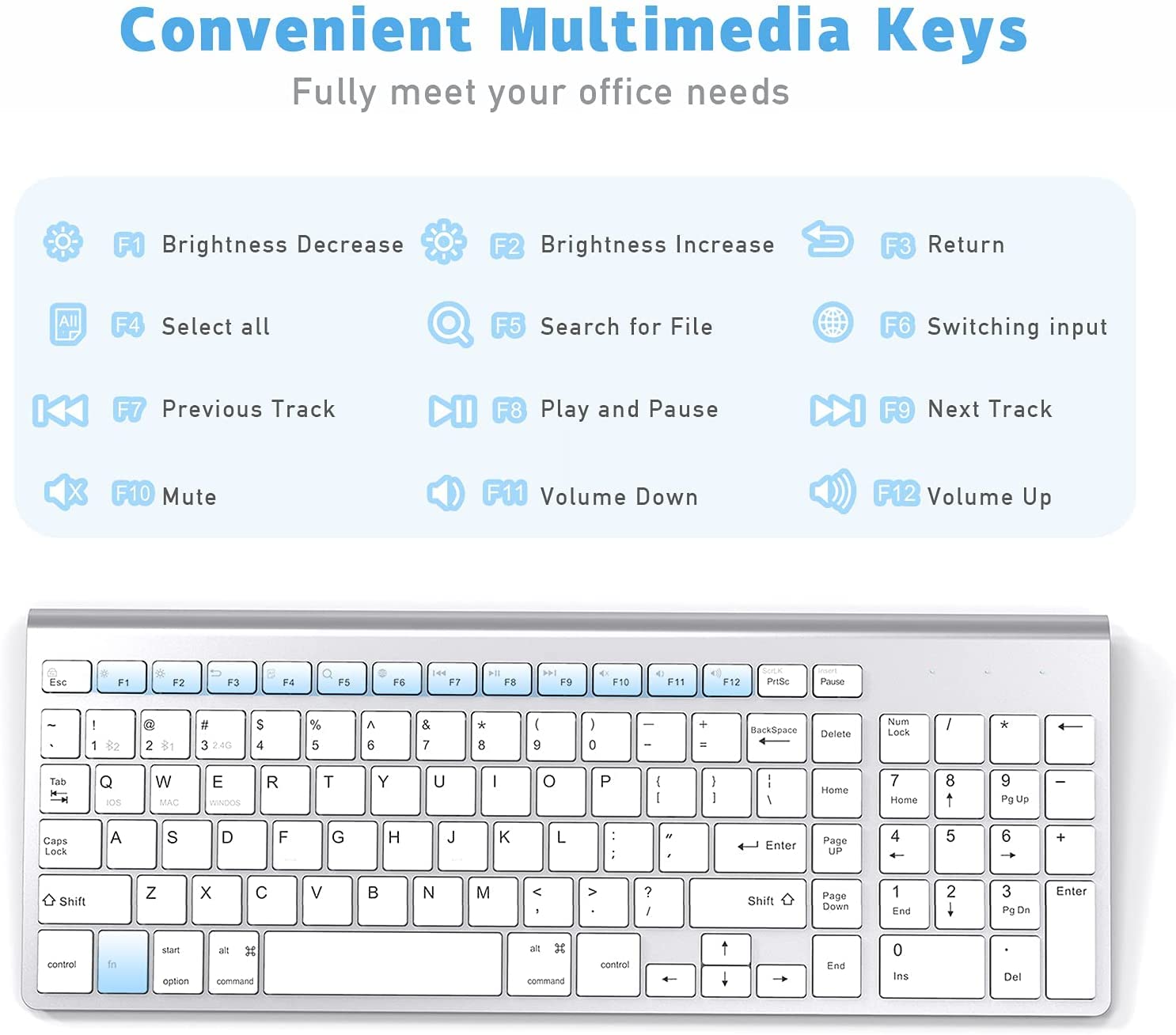 JOYACCESS Bluetooth Keyboard with Number Pad, Multi-Device Wireless Keyboard Compatible with iMac, Mac, MacBook Air/Pro, Laptop, Android, Windows - Silver