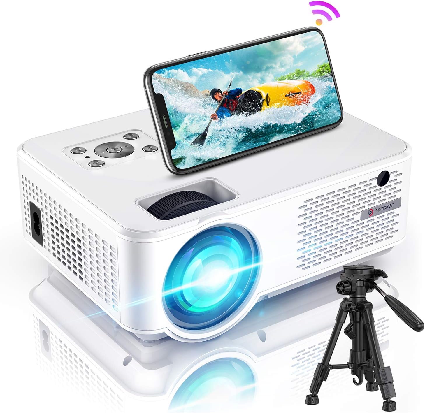 Bomaker Projector for Outdoor Movies, HD 1080P Supported, Mini WiFi Projector Ultra Portable, Wireless Screen Mirroring, Compatible with TV Stick, PS4, DVD Players, iPhone, Android, Windows