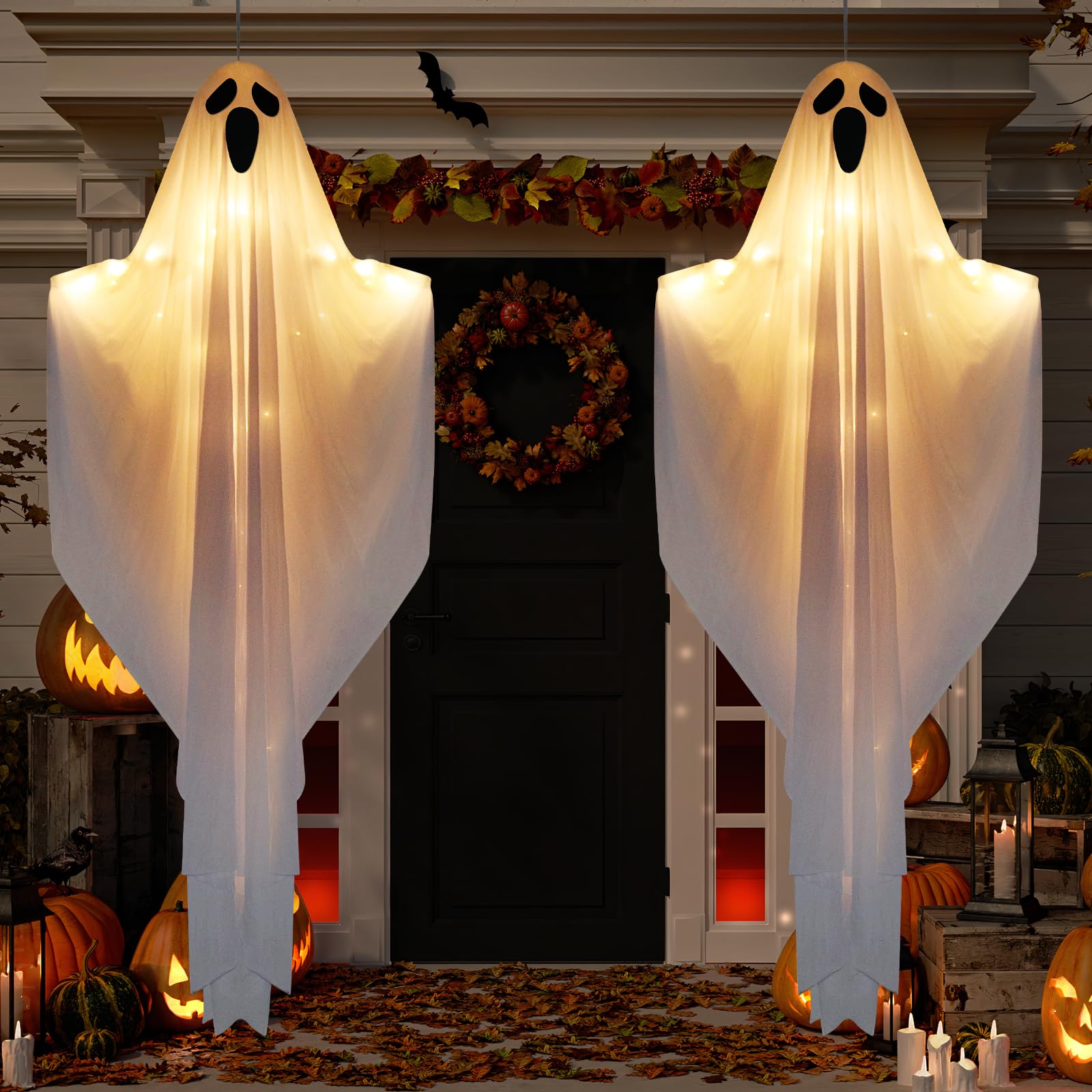 Photo 1 of 2 Pack 55" Halloween Light up Hanging Ghosts Decorations with Warm LED Lights, Halloween Flying Ghost Decorations for Outdoor Indoor, Haunted House, Front Yard, Patio, Party Decor