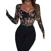SweatyRocks Women's Sheer Floral Lace Long Sleeve Bodysuit Tops Sweetheart Neck Jumpsuit