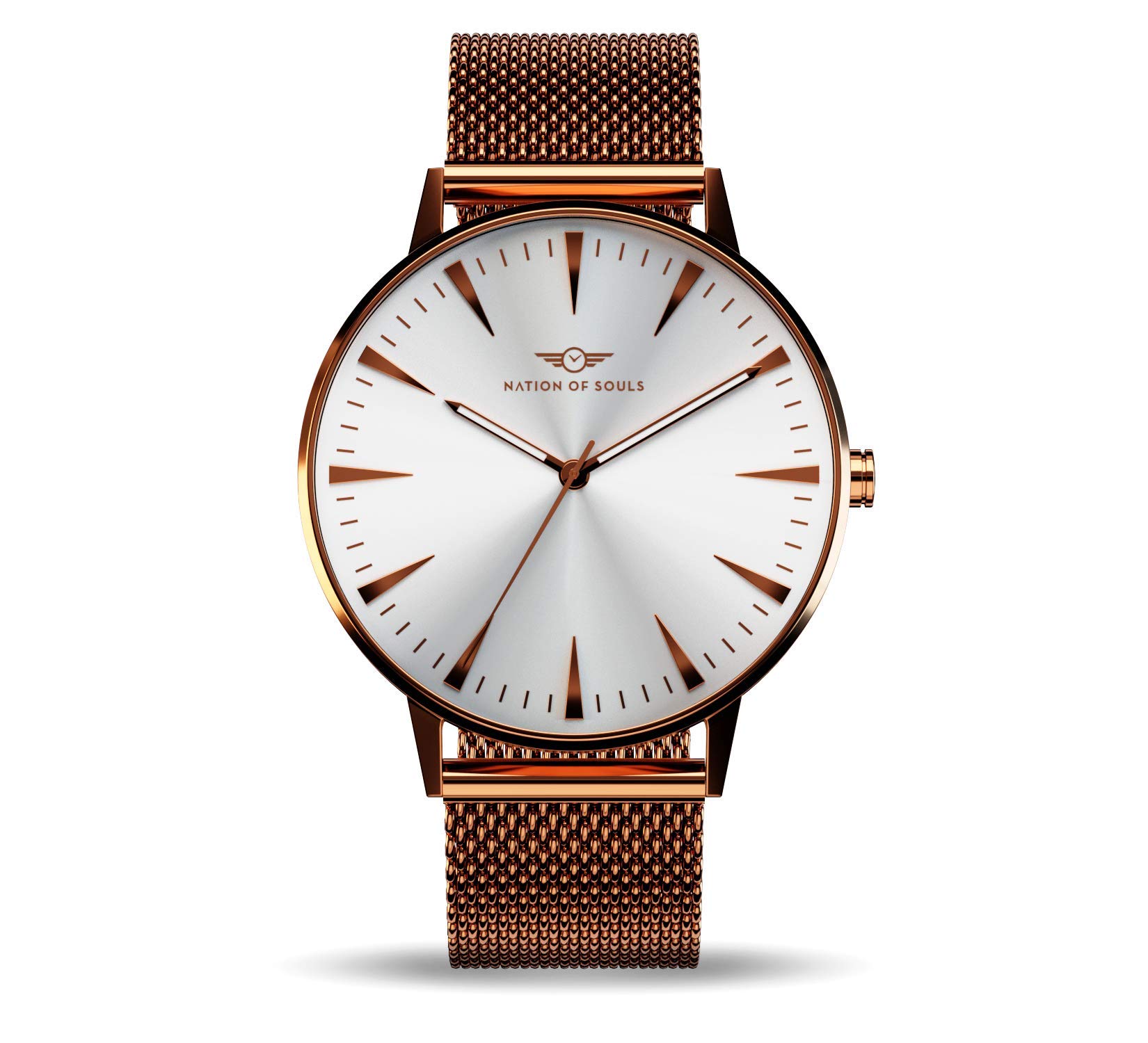 Nation of Souls Argo Collection Rose Gold Gloss and White Unisex 42mm Stainless Steel Case Wrist Watch with 20mm Mesh Strap British Designed Watches