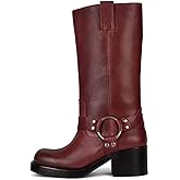 Yishaweiqi Women's Studds Biker Boots Chunky Heel Square Toe Knee High Boots Fall Dress Riding Boots Motorcycle Boots Side Zipper Western Boots