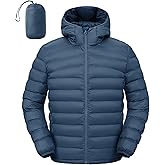 Rdruko Men's Puffer Jacket with Hood Packable Lightweight High Collar Puffy Winter Coat for Hiking Travel,Dark Blue,L