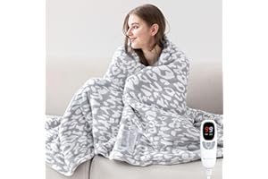 MH MYLUNE HOME Leopard Print Heated Throw Blanket, ETL & FCC Certified Electric Blanket, Washable Heated Blanket Throw, 9 Heating Levels & 10 Hours Auto-Off, Soft Heating Blanket - White Gray, 50"x60"