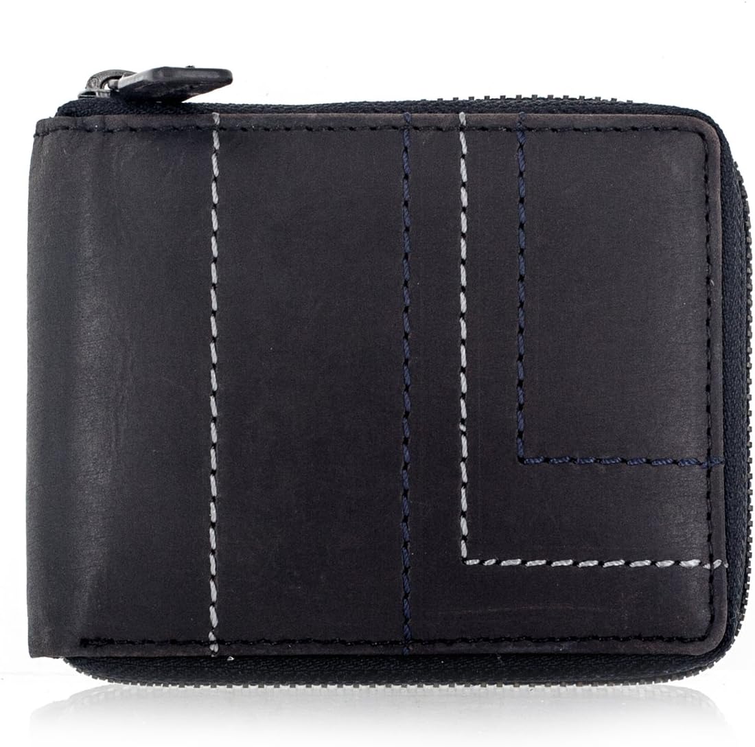 Faddism BRANDIO Series Men's Genuine Leather Zipper Closure Bifold Wallet With Design Stitching Trim