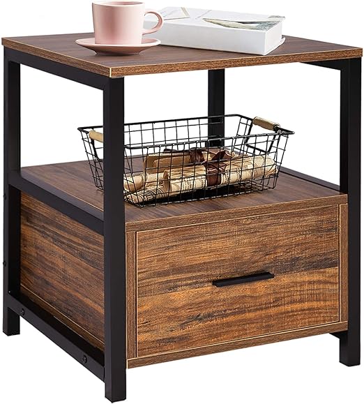 Amazon Com Vecelo Modern Rectangular Wood Nightstand Side End Coffee Accent Table Cabinet With Drawer For Storage Brown Home Kitchen