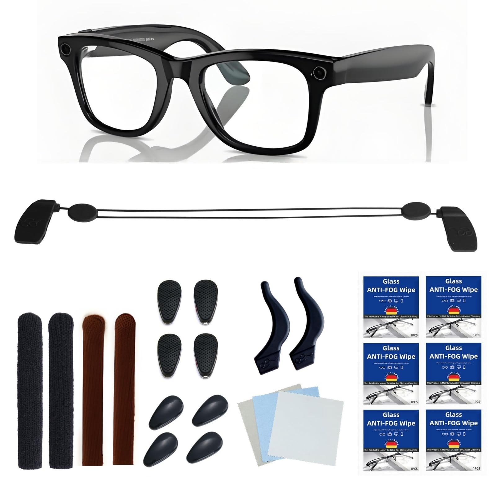 Photo 1 of Accessories Fit for Ray-Ban Meta Wayfarer/Headliner/Skyler Smart Glasses, Nose Pads 4 Pairs, Non-slip Glasses Holder,Adjustable Anti-drop Lanyard, Temple tips, Glasse cloth, Lens Cleaning Paper 6PCS
