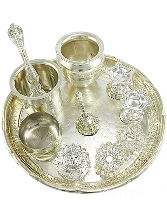 eKolhapuri Metal 1 Pooja Thali, 1 Bells, 1 Agardaan, 2 Diyas, 1 Haldi KumKum Set, 1 Panchamrut Set, 2 Katoris (Silver)