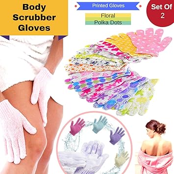 Magnusdeal Flower Printed Bath Body Scrubber Glove Exfoliating Shower Bath Glove Scrubber Shower Dead Skin Cell Remover Body Spa Massage Sponge Gloves Unisex -1 Pair -Assorted (Set of 2)