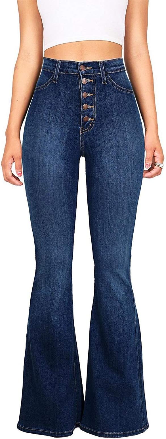 High Waist Bootcut Flares Bottom Denim Pants with Side Pockets Butt Lifting Bell-Bottomed Jeans Pants for Women