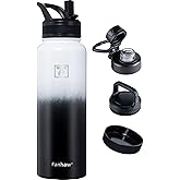 Fanhaw 40 oz Insulated Water Bottle – Stainless Steel Flask with 3 Lids (Straw, Spout, Carabiner) | Durable, Leakproof, for Hiking, Camping, Outdoor Adventures & Travel (White Black)