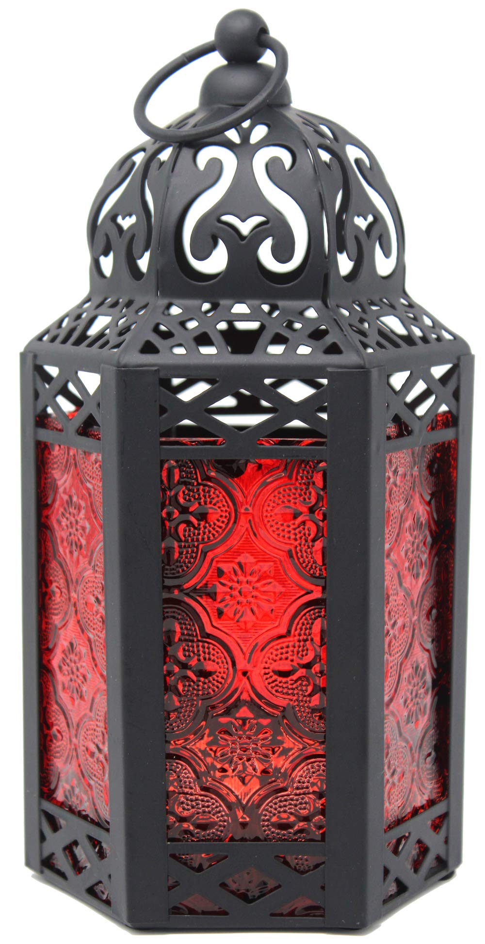 Black Metal Decorative Moroccan Lantern Candle Holder Lamp for Indoor or Outdoor Home Decor, Small, Red