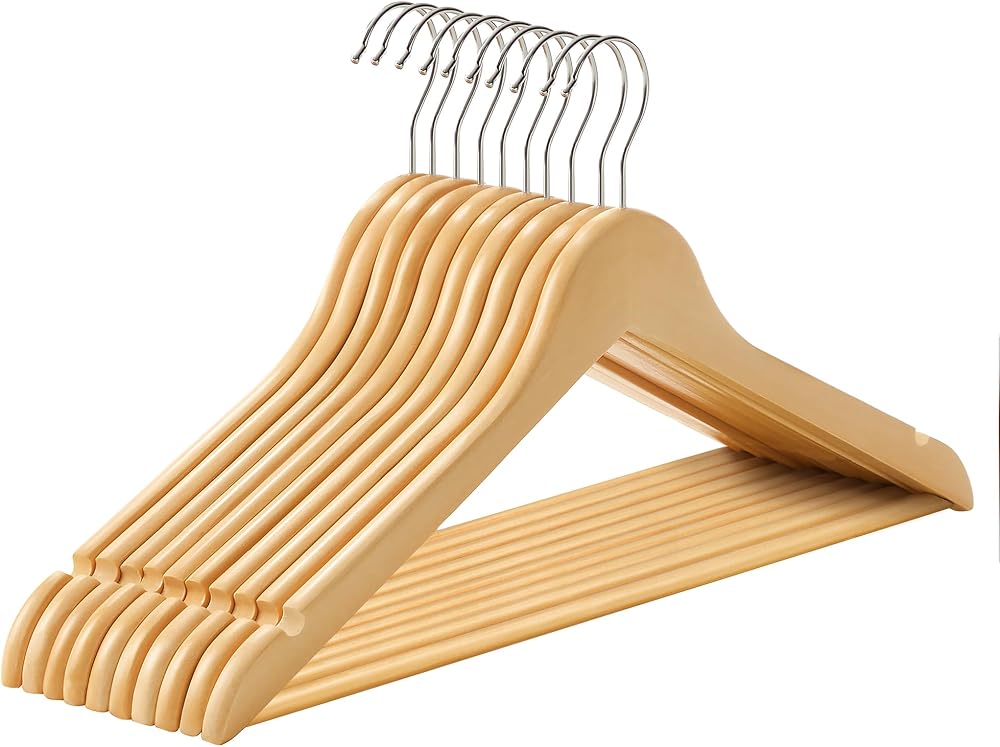 SONGMICS Wooden Hangers Set of 10 with Shoulder Notches 360° Swivel Hook