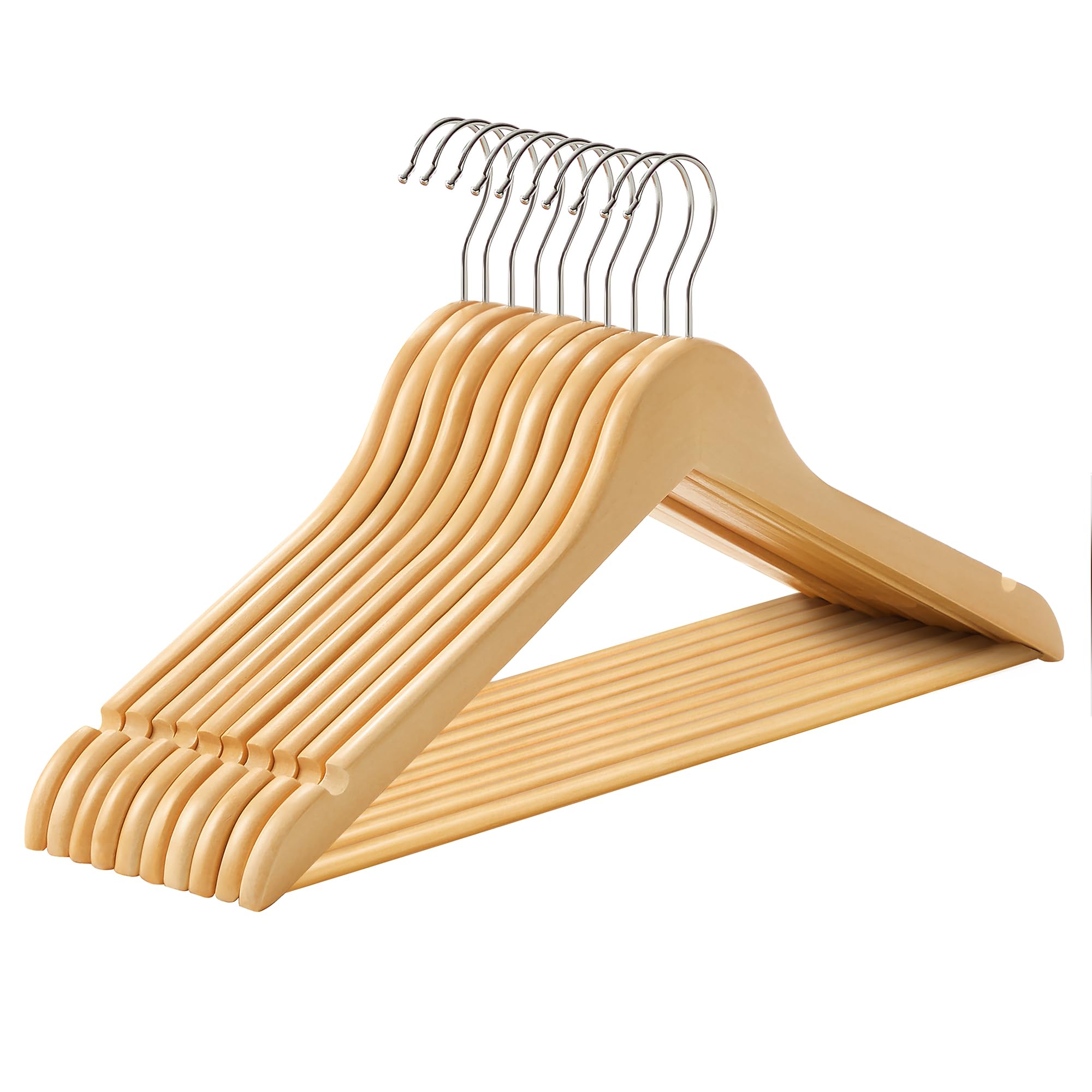 SONGMICS Wooden Hangers, Set of 10, Coat Hangers, Clothes Hangers, with Shoulder Notches, Anti-Slip Trousers Bar, 360° Swivel Hook, for Suits, Shirts, Coats, Natural CRW001-10