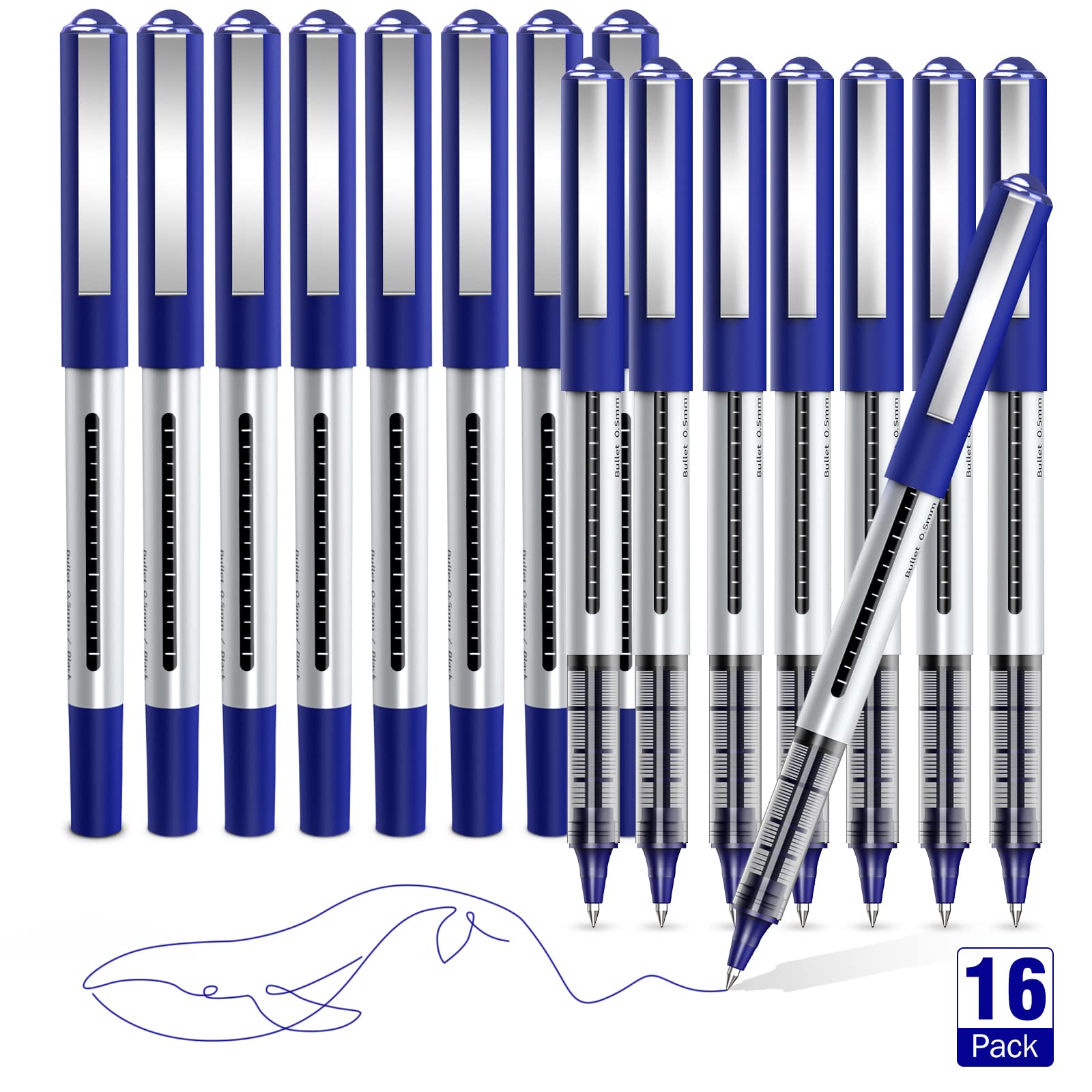 AKARUED Rollerball Pens 16 Pack Blue Gel Pens, 0.5mm Liquid Ink Rollerball Pen, Quick-Drying Ballpoint Pens Writing Pens for Bullet Journal, Notebook. School & Office Accessories for Students Adults
