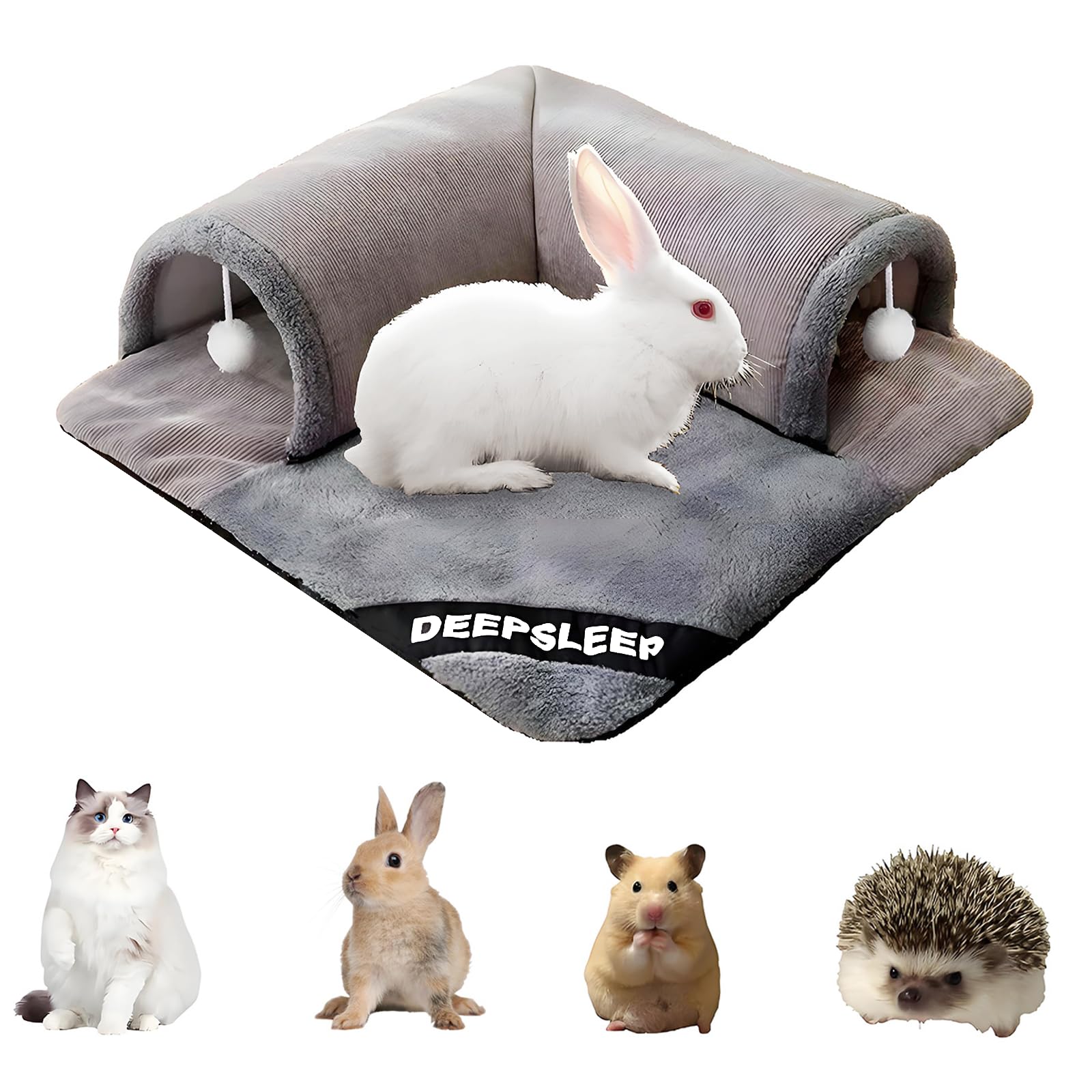 Photo 1 of Zabplox Rabbit Tunnel Bed with Removable Plush Mat - Soft Hideout & Play Tube for Bunnies, Guinea Pigs, Chinchillas, Cats, Bunny-Cozy Small Pet Toy, Grey,Small