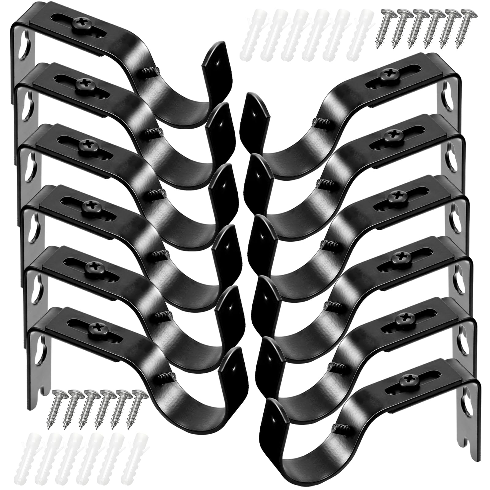 Photo 1 of Frienda 12 Pcs Curtain Rod Brackets Adjustable Holder Wall for 1 Inch Diameter Curtain Rod General Bracket Hooks with Screws (Bright Black)