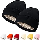 PFFY 2 Packs Womens Satin Lined Beanie Hat Silk Lining Winter Hats Beanies for Women Soft Slouchy Beanie Skull Cap