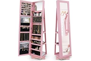 IFANNY Full Length Mirror with Storage, Lockable 360° Swivel Jewelry Cabinet Standing w/Inside Makeup Mirror & Back Shelves, 