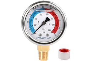 UHARBOUR Water Pressure Gauge, Glycerin Filled Pool Filter Pressure Gauge 0-50 PSI/350KPA,2" Dial and 1/4"NPT Bottom Mount, Including Seal Tape