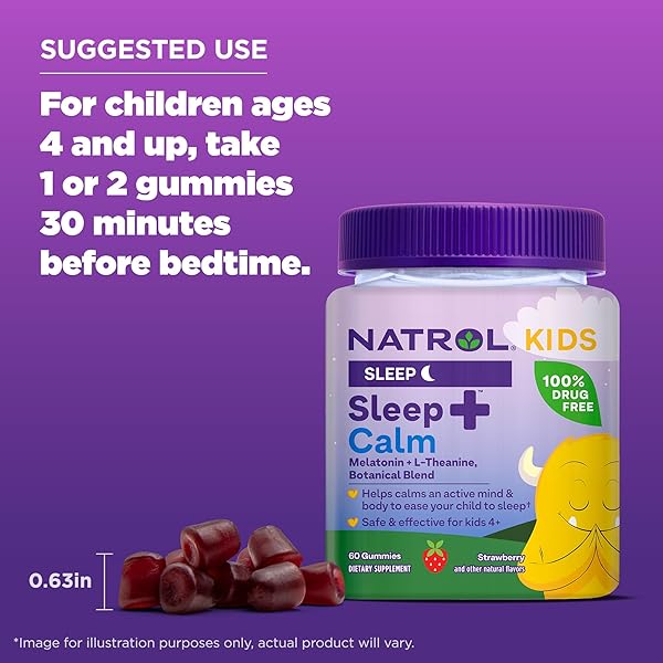 NATROL KIDS SLEEP+ CALM, MELATONIN AND L-THEANINE, SUPPLEMENT FOR RESTFUL SLEEP AND CALMING, SLEEP GUMMIES FOR KIDS, 60 STRAWBERRY-FLAVORED MELATONIN GUMMIES, 60 DAY SUPPLY