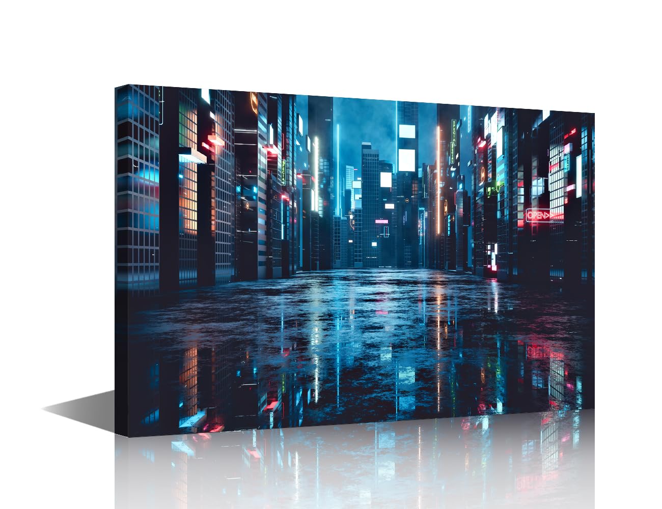 TISHIRON Wall Art Cyberpunk Art Work for Home Walls Neon City Night Pictures for Living Room 1 Panel Prints Wall Art on Canvas Contemporary Artwork Giclee Framed Stretched Ready to Hang 24x16 in