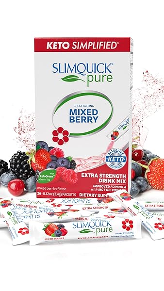SLIMQUICK PURE 3X EXTRA STRENGTH MIXED BERRY DRINK MIX FOR WOMEN TO HELP ACHIEVE WEIGHT GOALS, HELPS METABOLISM, KEEPS FULL FOR LONGER WITH GREEN TEA, CAFFEINE, CHASTE TREE, RHODIOLA EXTRACT, 26 COUNT
