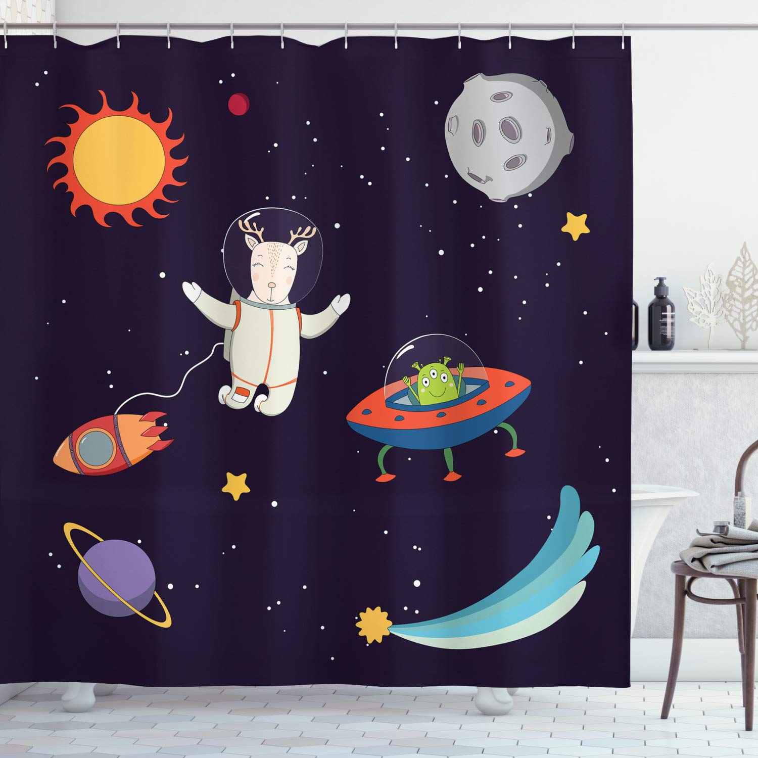 ABAKUHAUS Explore Shower Curtain, Hand Drawn Deer Astronaut in Space with Sun Moon Shooting Star and Alien Planet, Cloth Fabric Bathroom Decor Set with Hooks, 78 Inches, Multicolor