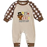 Ayalinggo Newborn Thanksgiving Baby Boy Outfit Turkey Jumpsuit Plaid Long Sleeve Letter Print Playsuit Fall Winter Clothes
