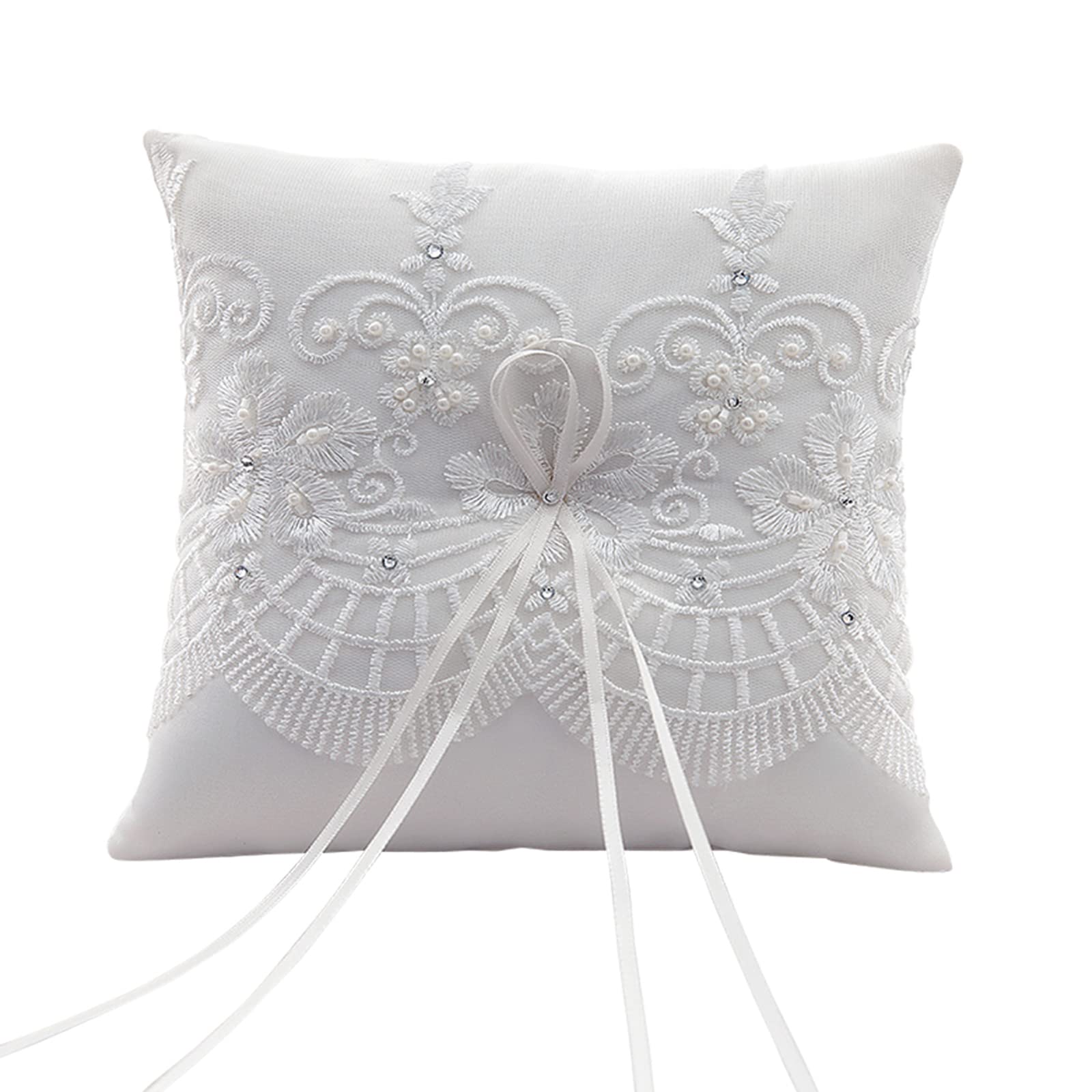 SwirlColor Ring Pillow Cream White Graceful Wedding Ring Pillow With Handmade Embroidery - 7.5 inch Square