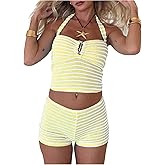 MakeMeChic Women's Summer 2 Piece Sets Striped Halter Tank Tops Mini Shorts Set Beach Vacation Outfits