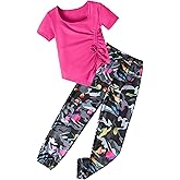 Sislerew Girls Clothes Size 8 Irregular Ruched Drawstring Short Sleeve Top and Camouflage Pants 2Pcs Girls Camo Outfits Sets