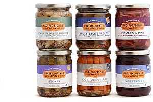 PACIFIC PICKLE WORKS Specialty Variety Pickles Gift Pack (6-pack) - variety of pickled Brussels sprouts, pickled carrots, pickled beets, pickled fennel, pickled okra and pickled cauliflower