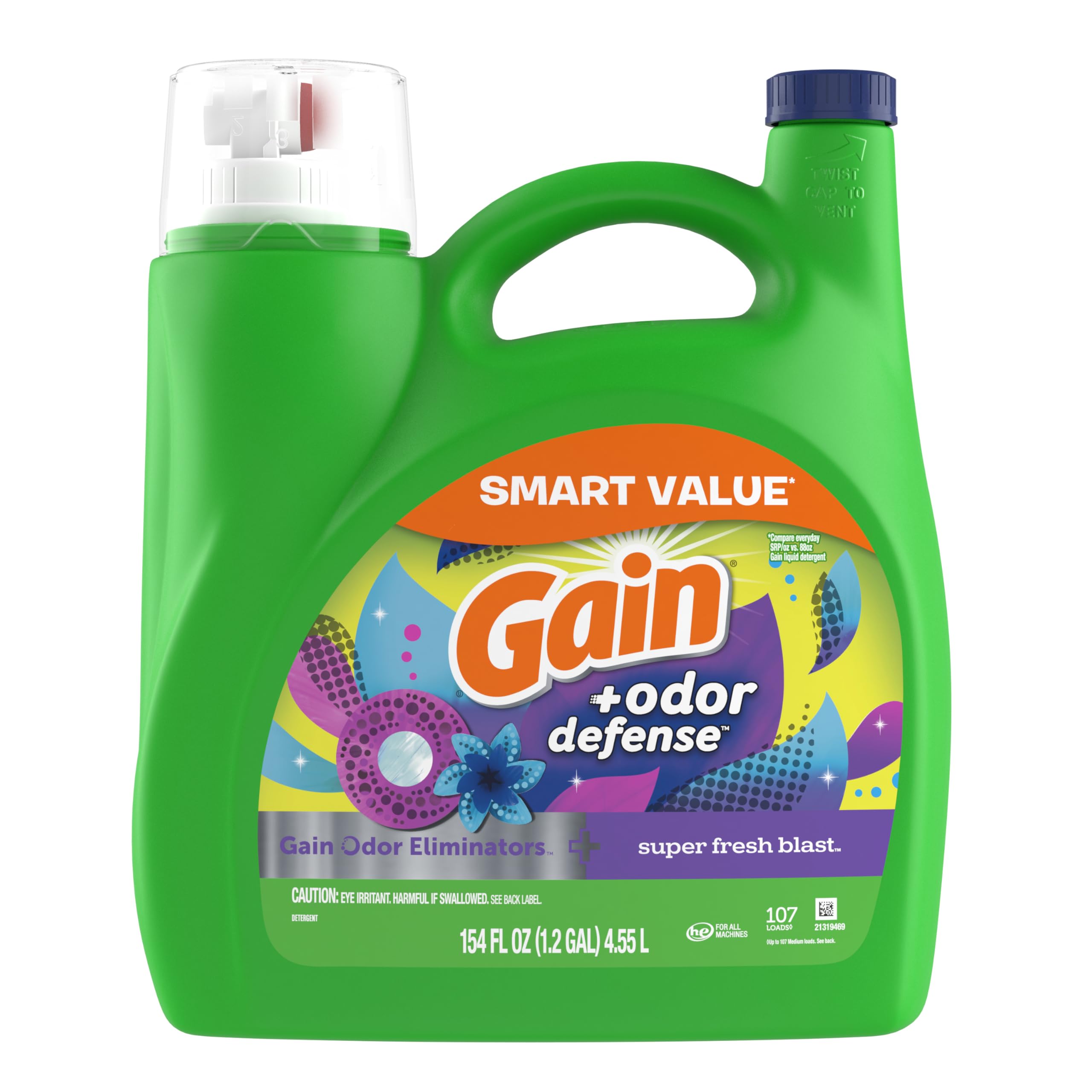 Gain + Odor Defense Liquid Laundry Detergent, Super Fresh Blast Scent, 107 Loads, HE Compatible