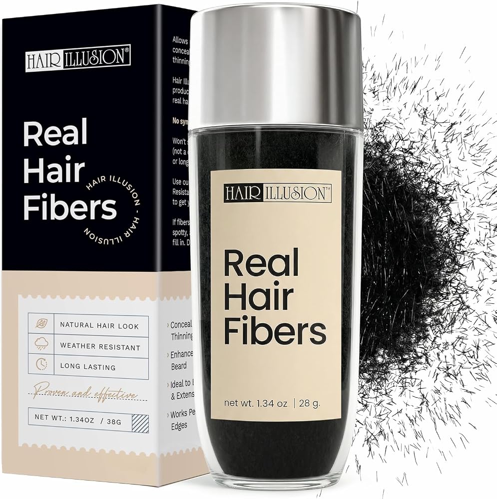 Hair Illusion Black Real Hair Fibers for Thinning Hair - 100% Natural Texture, Non Synthetic Hair Fibers - Bald Spot Cover Up