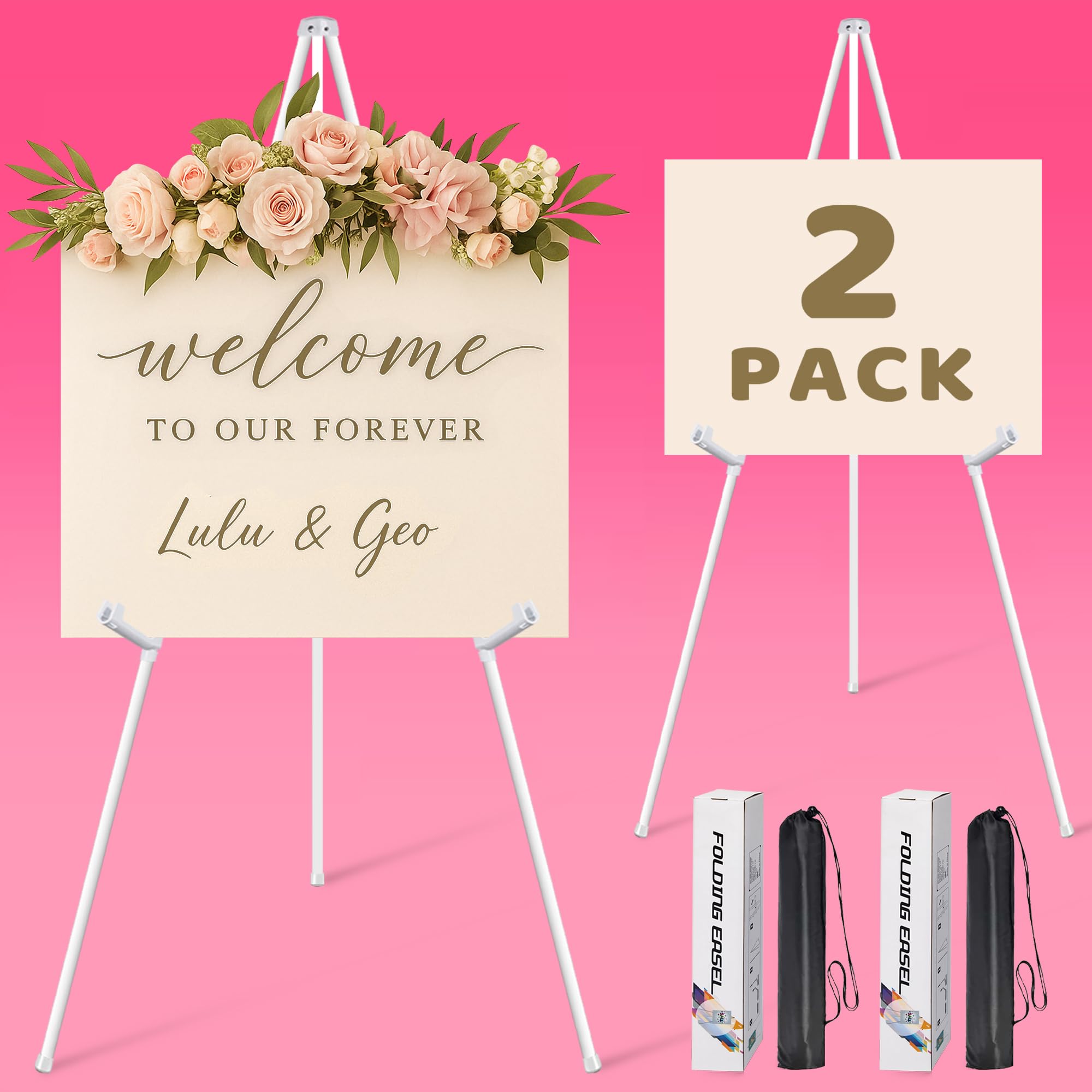 Photo 1 of 2 Pack White Easel Stand for Sign & Poster - 63" Adjustable Metal Easels for Wedding Welcome Sign, Painting, Canvas, Art Display - Portable Folding Tripod with Carry Bag, Holds 5 Lbs