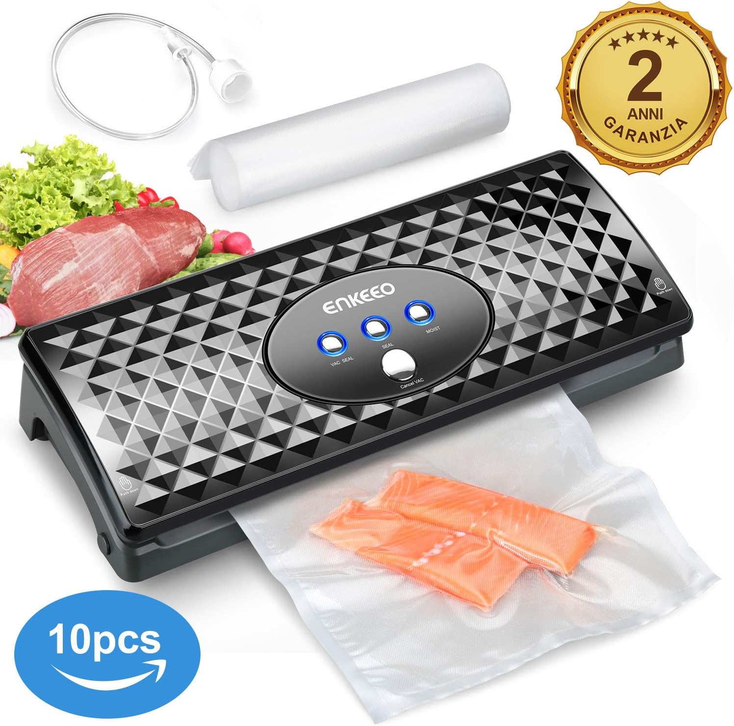 ENKEEO Envasadora al Vacío Motor Silencioso, Tubo Manguera de Succión y 10 Bolsas Incluidas, 3 Modos Automático/Sellado/Húmedo para Cocina, Alimentos Secos y Húmedos