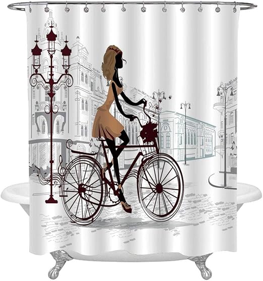 Amazon Com Teen Room Decor Shower Curtain Set Young Girl In Paris Streets With Bike French Display Decorative Waterproof Fabric Bathroom Decorations Bath Curtains Hooks Included 48x72in Chestnut And Light Brown Home Kitchen