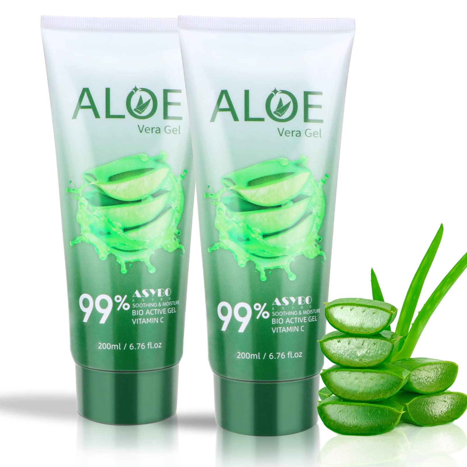 ASYBO 200 ML Aloe Vera Gel – 99% Organic Pure Aloe Vera Hydrating Face & Body Moisturizer, Natural Aloe Cream for Dry Skin, Sunburn, Acne, Soothing & Moisturizing (2 Pack)