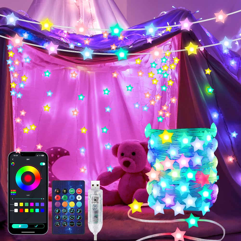 AUAUY Smart Star String Lights, 10 Meters 66 LED RGB Built-in-chip Color Changing Fairy Lights USB Powered, with APP Remote Music Sync, Smart Fairy Lights for Bedroom Halloween Christmas Party Decor