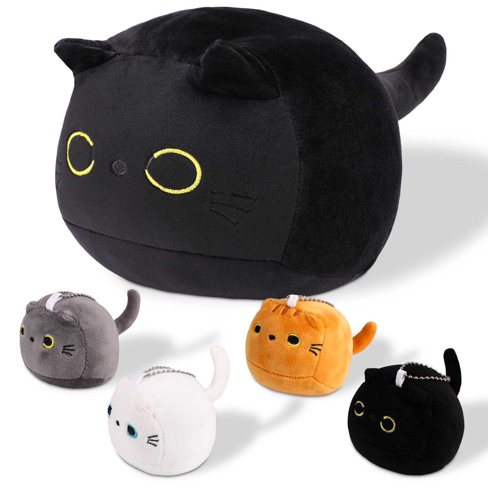 GSrenyu Black Cat Plush Toys,Cat Plushie Pillow 32CM Soft Cute Cats Stuffed Animal Toys with 4 Baby Kittens Cats Plushies for Kids Boys Girls Gift