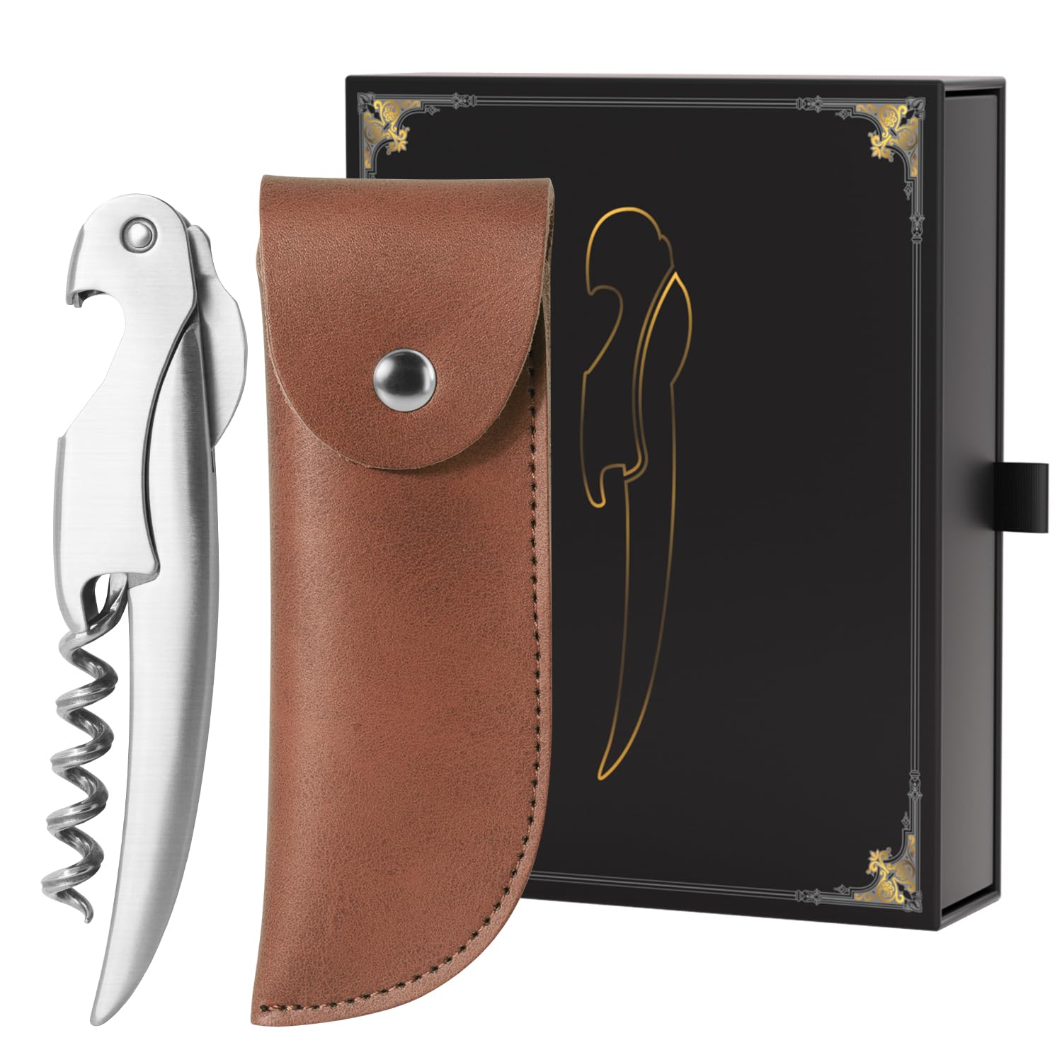 ELMWAY VinoLux Series All-Stainless Steel Waiter’s Friend Corkscrew – Precision-Crafted Manual Wine Opener with Serrated Foil Cutter, Polished Finish, Genuine Leather Case & Gift Box