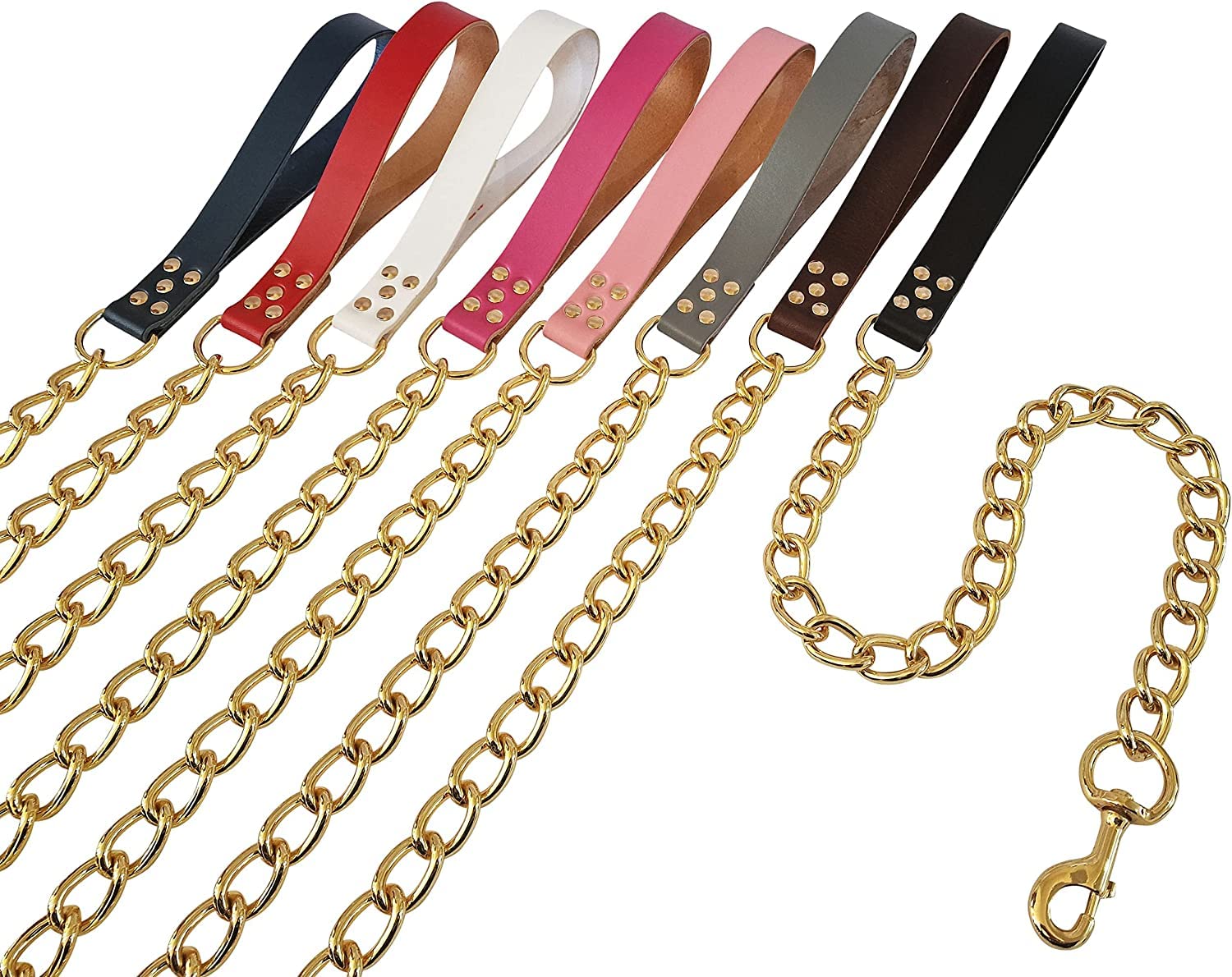 Heavy Duty Dog Chain Lead Chew Proof Leash GOLD Metal with Leather Handle for Large and Extra Large Dog up to 80kg (Black)