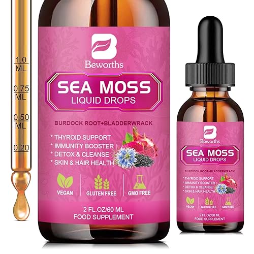 B BEWORTHS Sea Moss Liquid Drops - Organic Black Seed Oil Irish Sea Moss Gel with Burdock Root, Bladderwrack, Elderberry, Vitamin C, D3, 6X Stronger Seamoss Gel for Digestive, Hair Health - Vegan