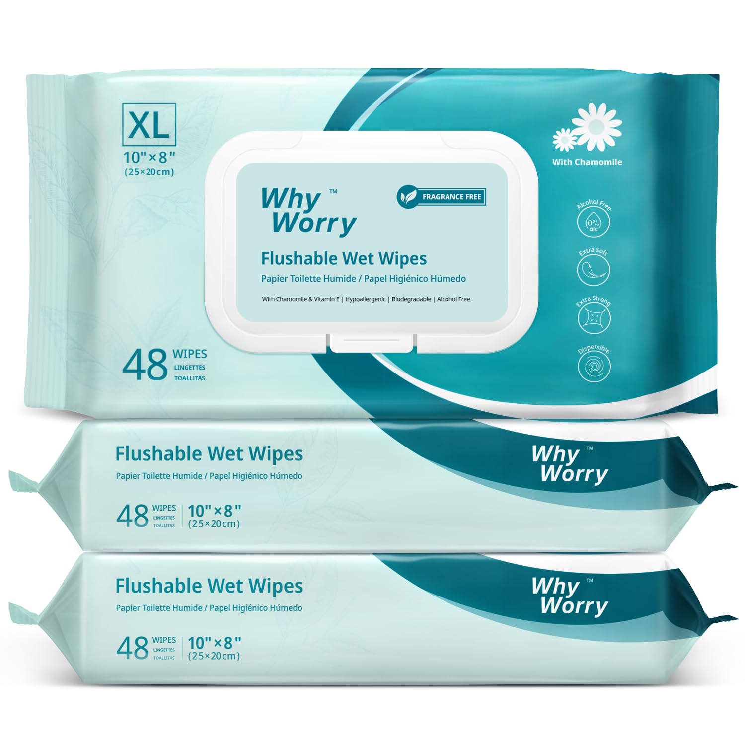 WhyWorry Feuchtes Toilettenpapier Spülbar, 20x25cm Extra Groß Feuchttücher Toilette mit Kamille & Vitamin E, Reinigungstücher für Erwachsen, 100% Pflanzlich, Wiederverschließbar, Parfümfrei, 144 Stück