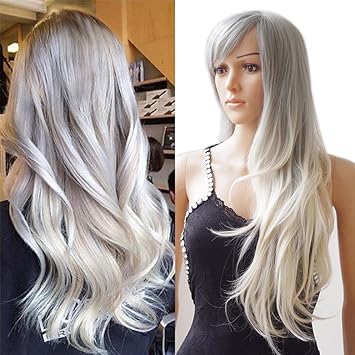 Perruque Femme Ondulée Longue 70cm Dégradée Cosplay Déguisement Costume Grisblond