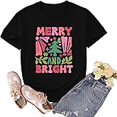 sallrue Christmas Shirts for Women Merry and Bright Tshirts Merry Christmas Shirt Xmas Holiday Tee Tops