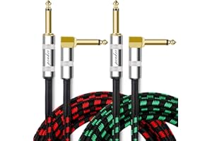 Penker 2 Pack Guitar Instrument Cable 10FT,Right Angle 1/4-Inch TS to Straight 1/4-Inch TS AMP Cord,Gold Plated 6.35mm Guitar Cord,3 Meter for Guitar Bass Keyboard Effector Microphone Mixer,Red&Green