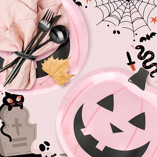JARTHENAAMCS 40PCS HALLOWEEN PAPER PLATES PINK PUMPKIN FACE DISPOSABLE PLATES 9 INCH CUTE CARTOON PUMPKIN DECORATIVE PLATES FOR HALLOWEEN BIRTHDAY BABY SHOWER TABLE DECOR PARTY SUPPLIES